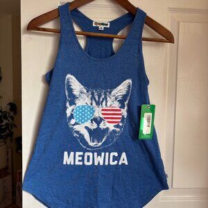 NWT Women's Tipsy Elves Meowica Blue Racer Back Tank Top